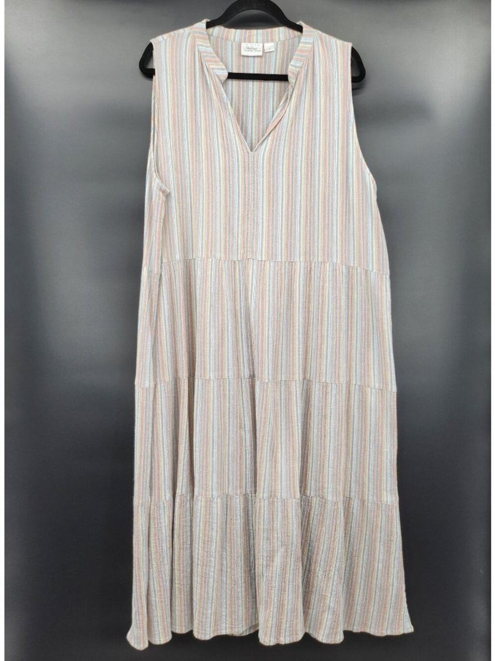 Vermont Country Store Striped Cotton Midi Dress 1X Tiered Textured Cottage Comfy